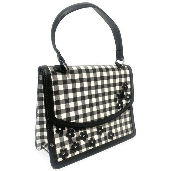 Cato Satchel Purse Black & White Plaid Faux Leather w/Crossbody Strap & Accents - Picture 6 of 7